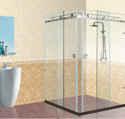 Corner glass shower enclosure with sliding doors