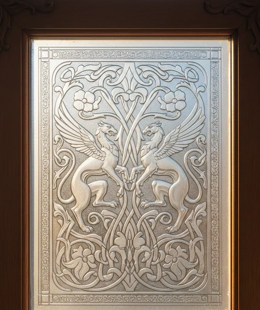 Decorative frosted glass panel with intricate engraved design