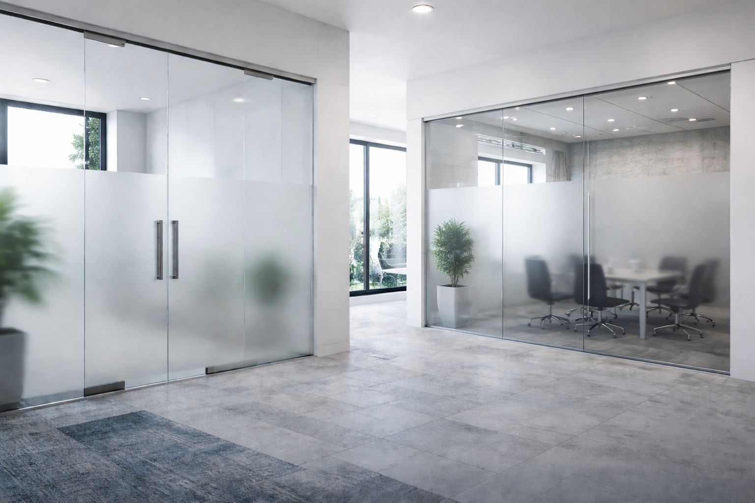 Office space with frosted glass meeting room partitions