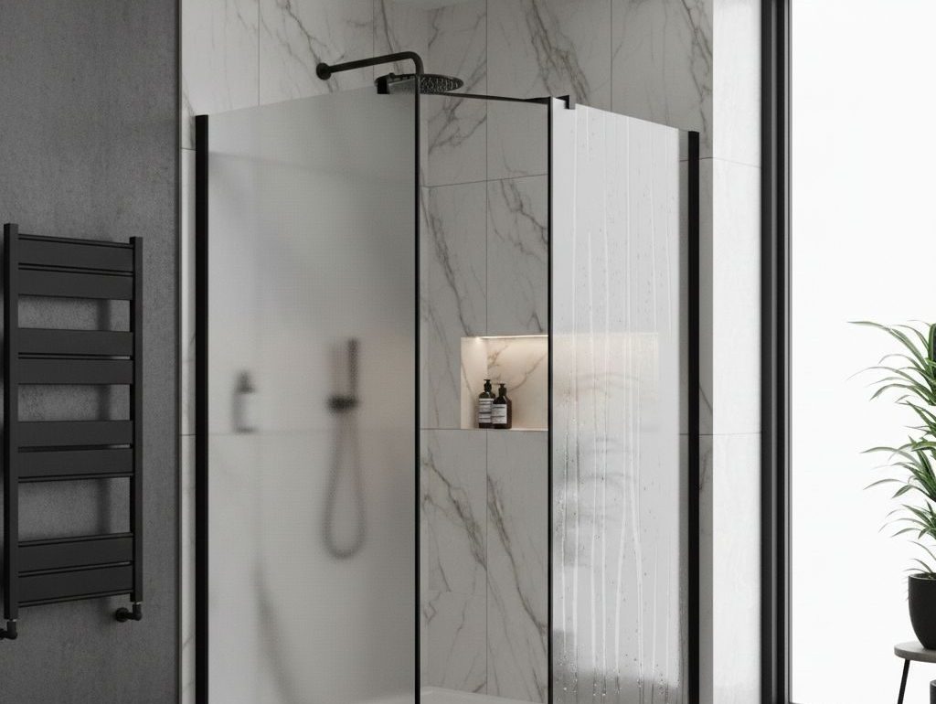 Modern bathroom with frosted glass shower enclosure