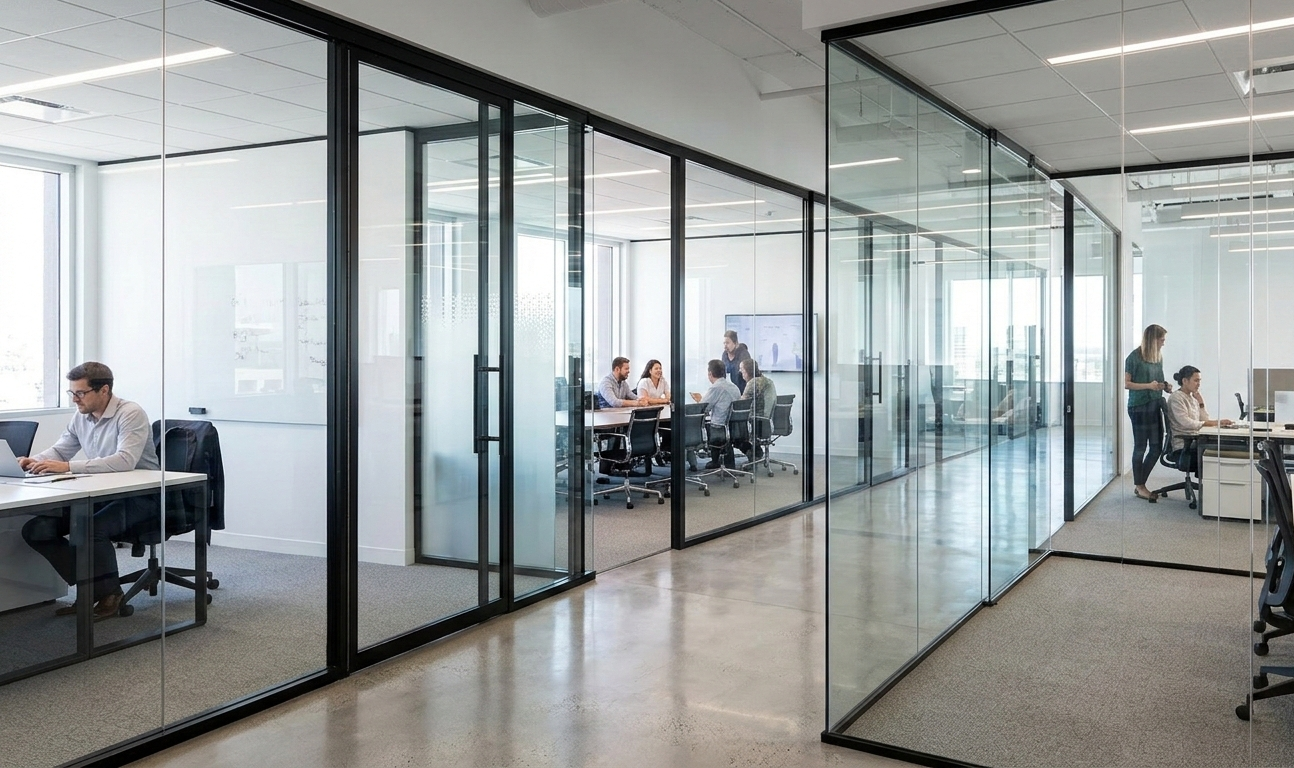 Office interior with glass partition walls and meeting rooms