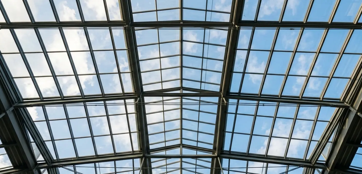 Large glass skylight ceiling with metal grid framing