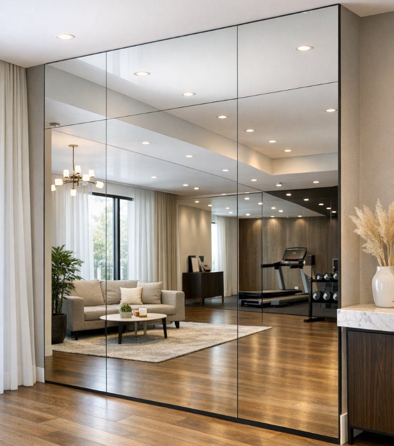 Full-height mirror wall reflecting a modern interior, enhancing light and space
