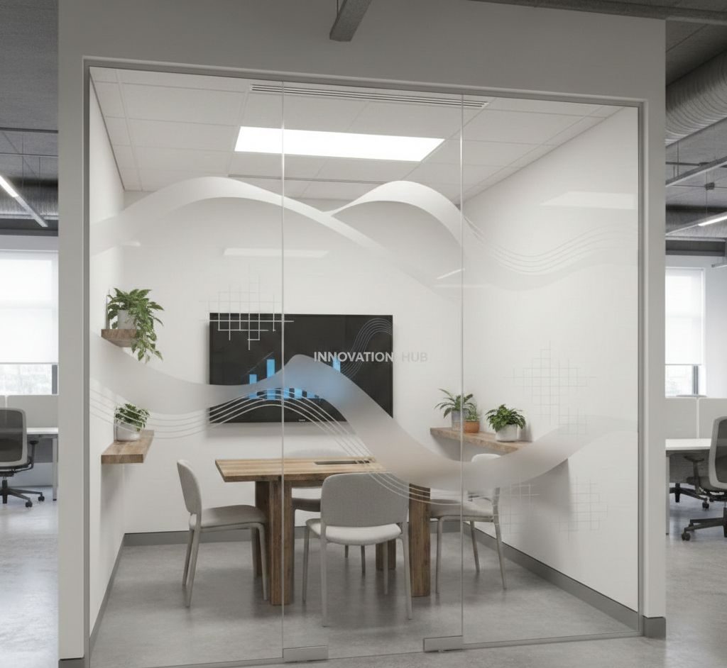 Glass meeting room with sandblasted wave design partition