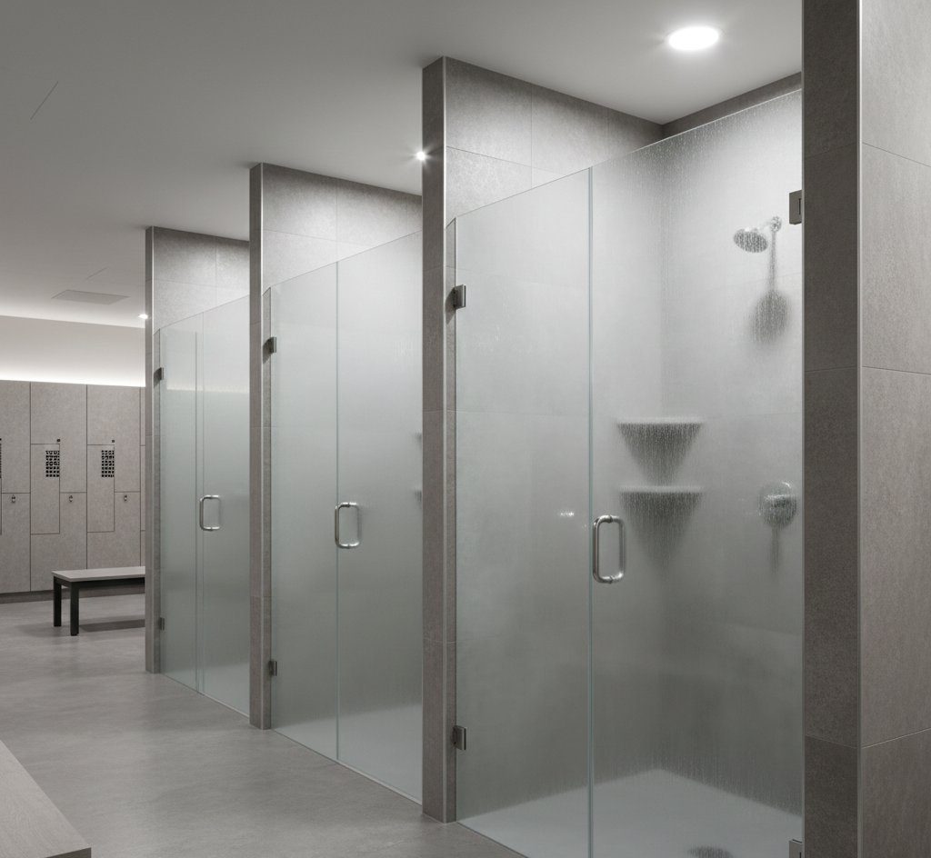 Row of frosted glass shower enclosures