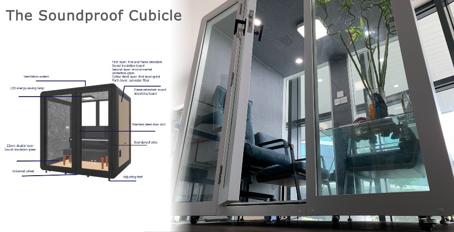 Soundproof glass office cubicle with interior seating