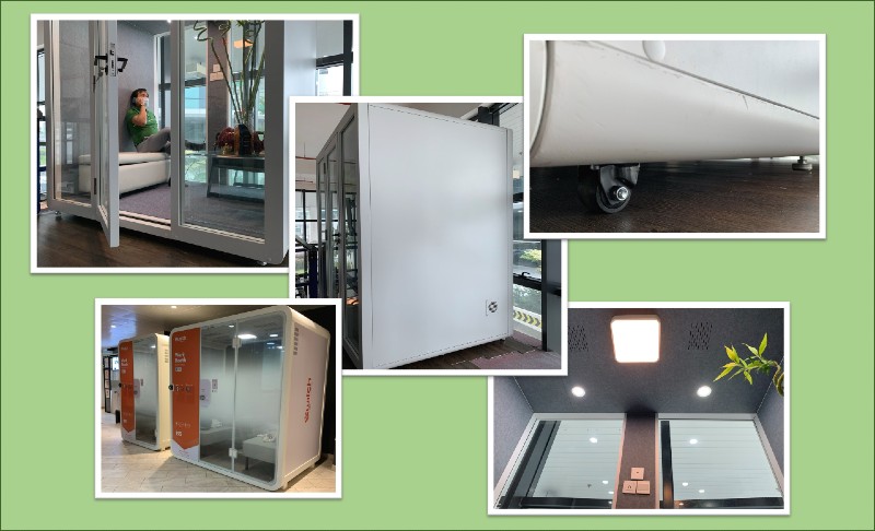 Collage of portable soundproof glass booths and features