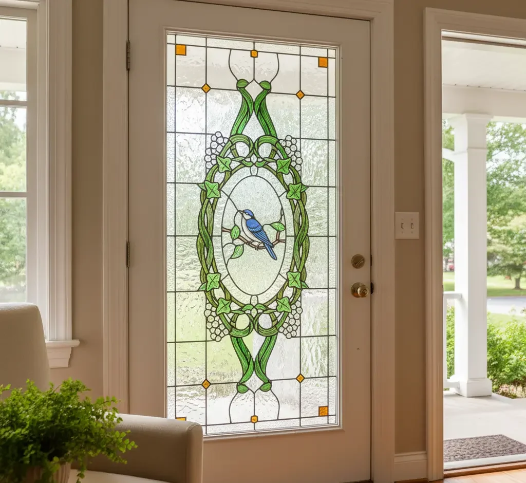 Decorative stained glass door panel with bird design