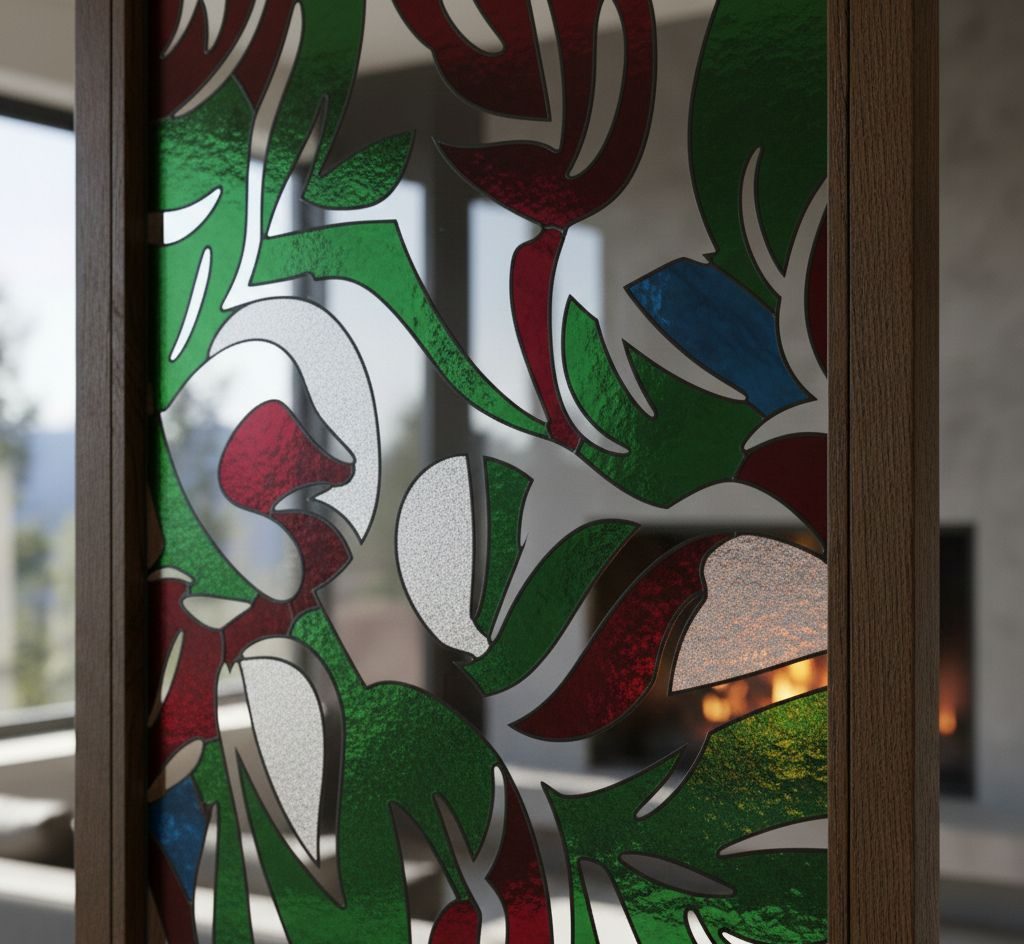 Close-up of colorful decorative stained glass panel