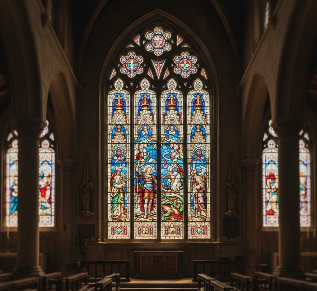 Stained glass window inside a church with religious artwork