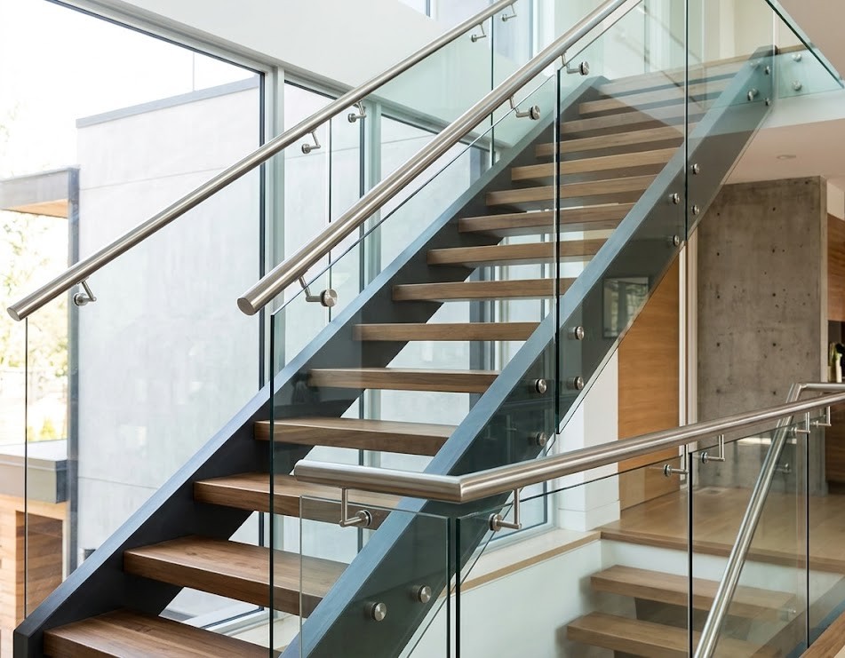 Modern staircase with glass railing and metal handrails