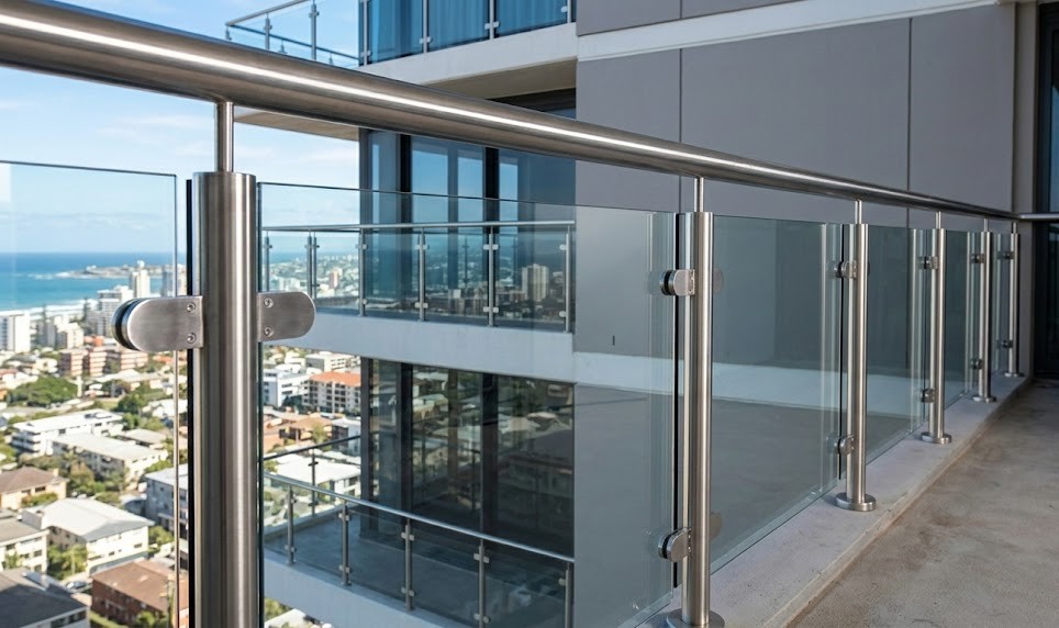 Glass balcony railing with stainless steel handrail
