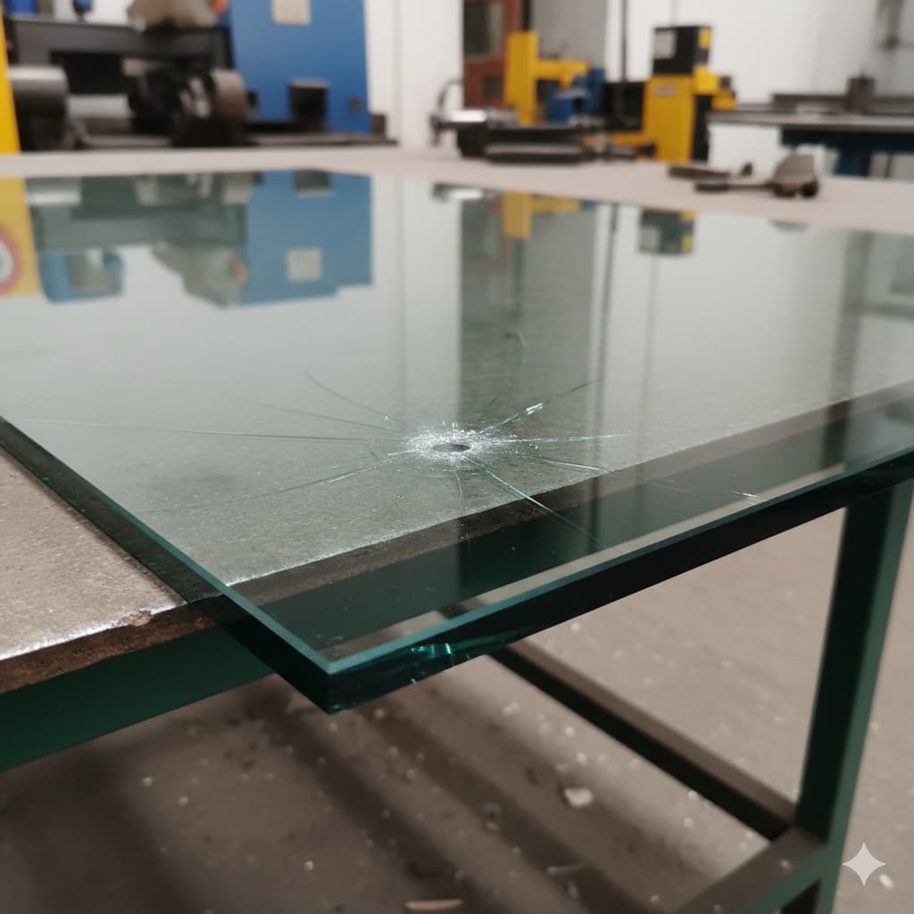 Tempered glass panel with impact crack on surface