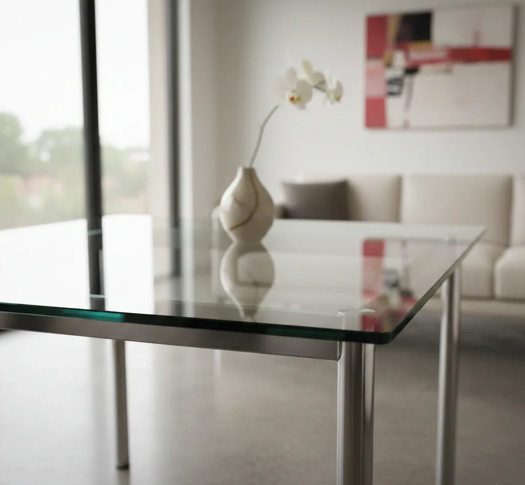Modern glass table with metal legs in a living space
