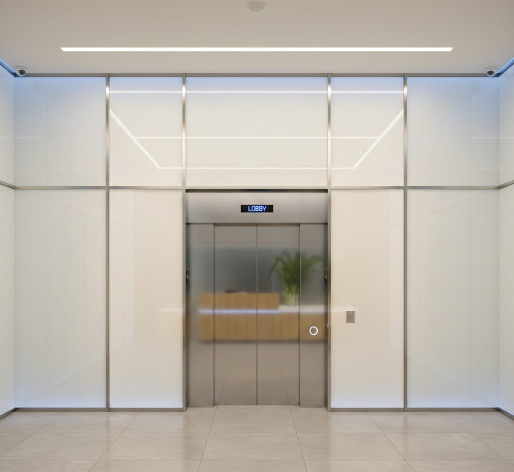 Elevator lobby with glass wall panels and modern design