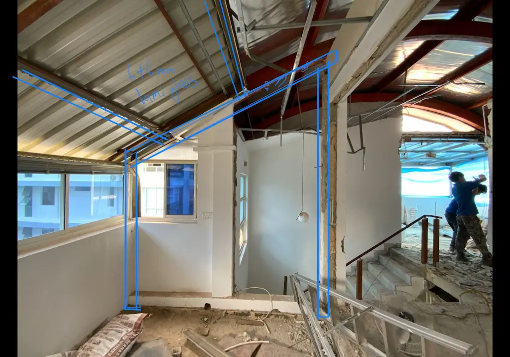 Interior under renovation with marked glass partition layout