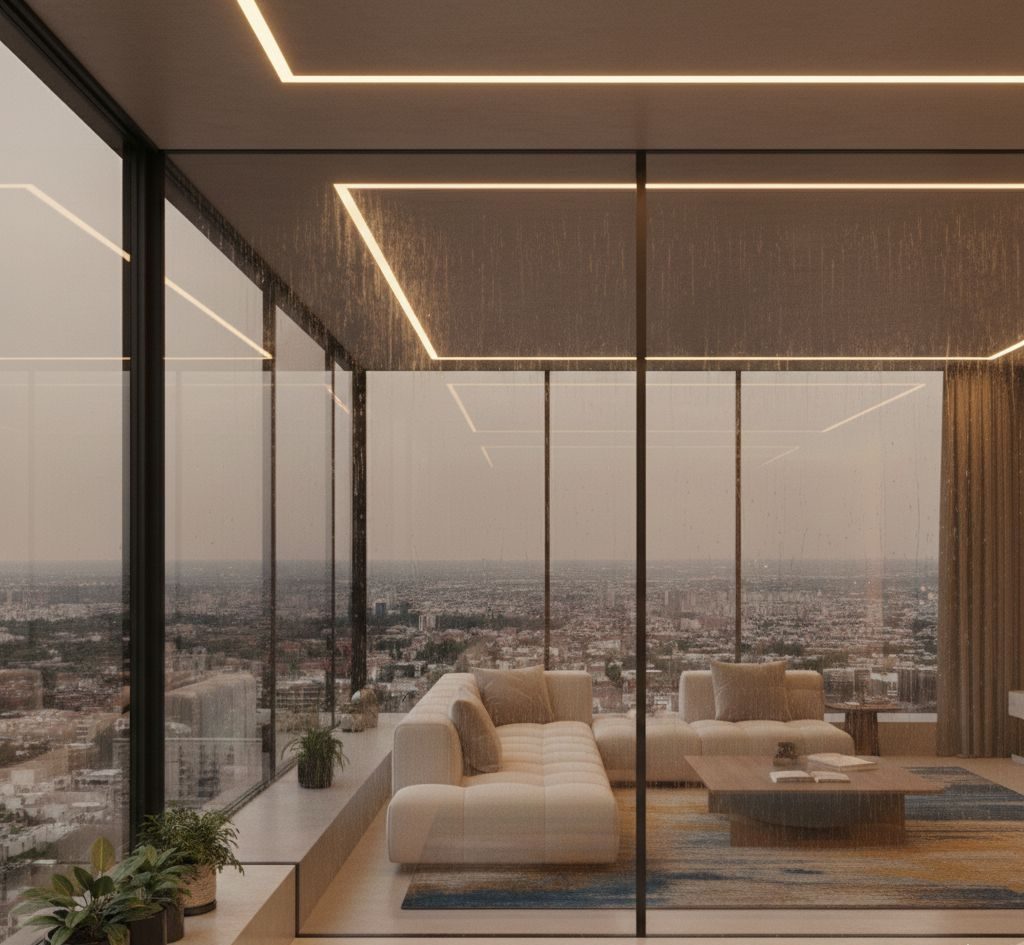 Modern living room with floor-to-ceiling glass walls and city view
