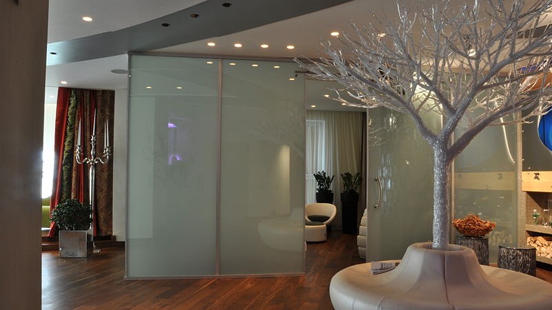 Frosted glass partition wall in a modern interior space